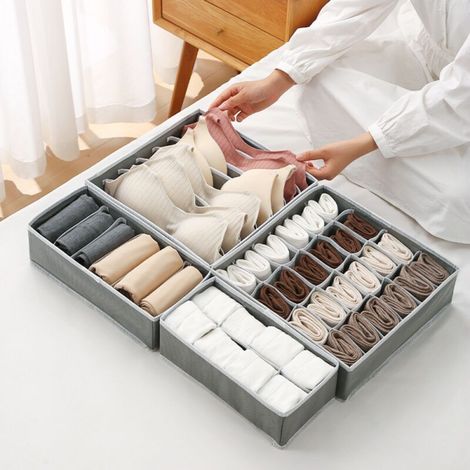 ALLIANDISPaquet de 4 organisateurs de tiroirs de commode, boîte de rangement pliable gris (1/3)