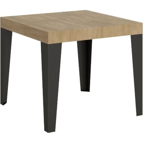 Petite table carrée 90-90cm extensible 10 personnes 90 à 246cm bois chêne clair et pieds métal anthracite Flavio (1/5)