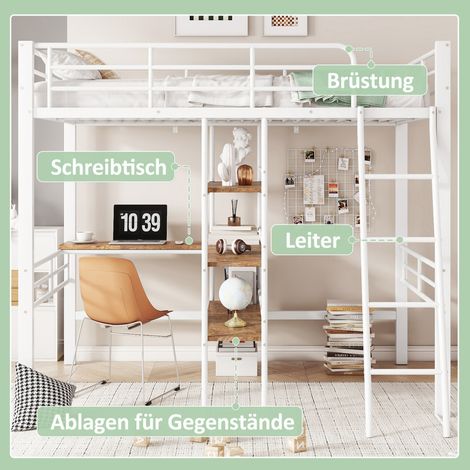 Lit mezzanine,90200cm,sans matelas,lit avec bureau,plusieurs étagères,rampes,échelle,cadre en fer,blanc