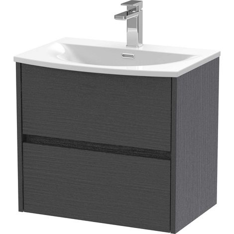 Nuie Havana Graphite Grey Woodgrain 600mm Wall Hung 2 Drawer Vanity Unit and Curved Ceramic Basin - HAV2204G (1/4)