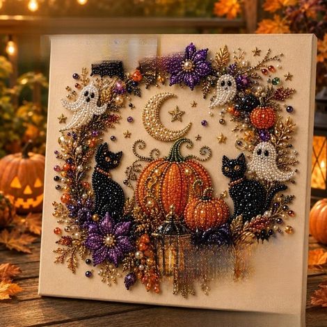DIY Halloween Raven Pumpkin Handmade Pearl Painting Bedroom Decor Set - Pumpkin 2020cm (without frame)