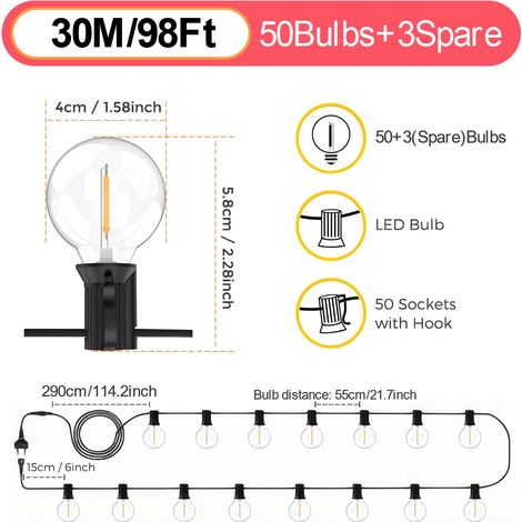 (30 m, 50 ampoules) Guirlande lumineuse féérique d'extérieur G40, lumière blanche chaude, convient aux jardins, mariages, fêtes et autres occasions. (1/5)