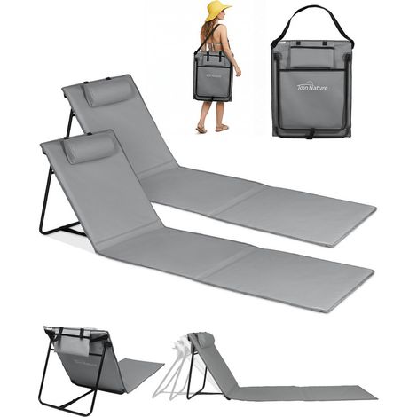 Homecall Gartenliege strandmatte mit rückenlehnee Liegestuhl Strandliege klappbar leicht,Extra Langer Rücken 61 cm, 2 St., Tragbar als Rucksack für Strand, Camping & Garten (grau)
