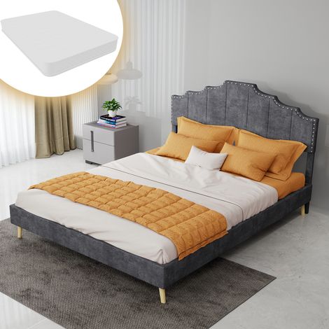 Letto 140 x 200 cm grigio con testiera geometrica, rete a doghe, senza pistone a gas OKMYHOME (1/5)
