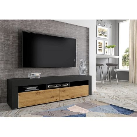 Meuble TV MORENO 160 cm suspendu ou debout – noir mat / chêne artisanal – 3 étagères ouvertes – compartiments verrouillables – Salone Srl (1/7)