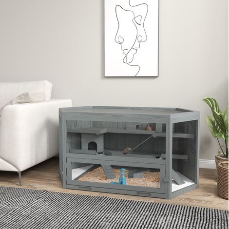 Jaula para roedores de 3 niveles 115 x 60 x 55 cm de madera gris FloraGrace (1/5)