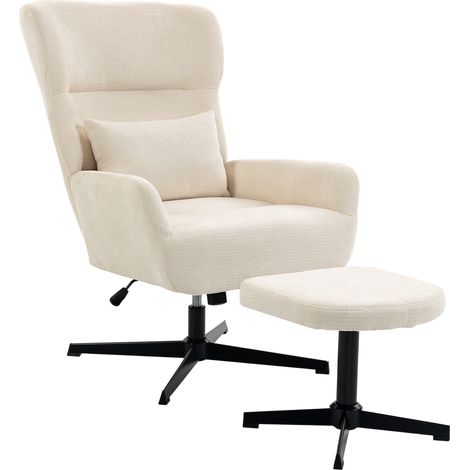 Fauteuil lounge pivotant à 360° avec repose-pieds, réglable en hauteur, revêtement en chenille, avec coussin lombaire, blanc crème (1/5)