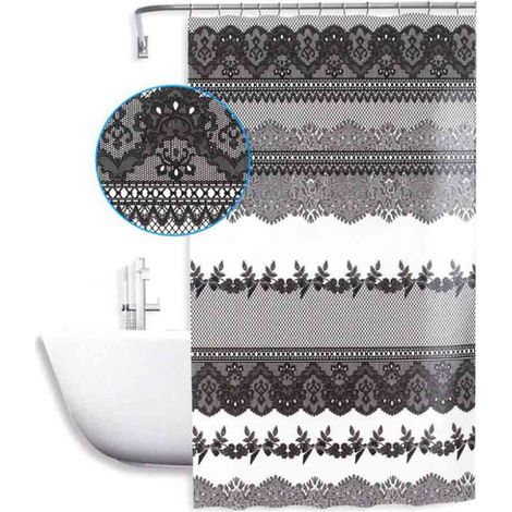 Tenda per doccia vasca da bagno impermeabile pvc 12 ganci effetto pizzo di colore nero 200x240 cm (1/2)