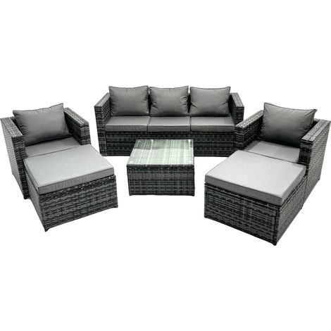 Fimous Outdoor Rattan Garden Furniture Set 7 Seater Patio Lounge Sofa Set with Armchair Square Coffee Table 2 Big Footstool Dark Grey Mixed (1/5)
