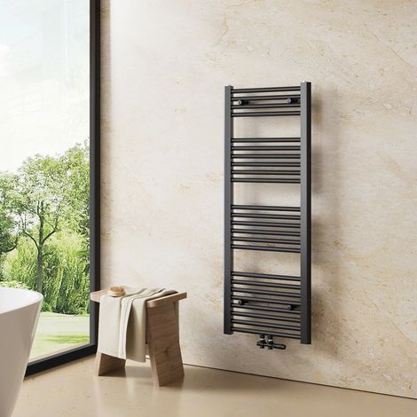 Heilmetz – Sèche-serviette eau chaude 120x40cm 427W – Radiateur anthracite à tubes ronds – Raccordement central – Acier inoxydable