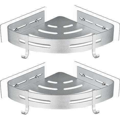 Support de douche d'angle sans perçage en aluminium avec 2 crochets de douche, accessoires de salle de bain support antirouille auto-adhésif 2 pièces (argent)