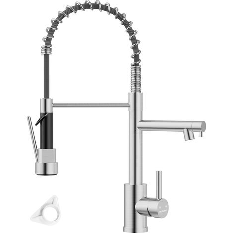 BLYLUND Kitchen Sink Mixer Tap with Two Spouts, Commercial Single Handle Kitchen Sink Taps SUS 304 Stainless Steel 360 Degree Rotation with Pull Out Sprayer (1/5)