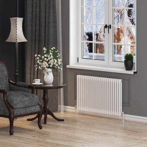 ELEGANT White Traditional Radiator 600 x 988 mm White Cast Iron Efficient Radiator Panel Radiators 2 Column + Anthracite Thermostatic Radiator Valves (1/5)