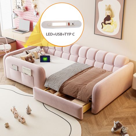 Kinderbett mit Stauraum, gepolstert in Rosa, 90x200 cm, mit Sicherheitsgeländern, Nachtlicht und USB/USB-C