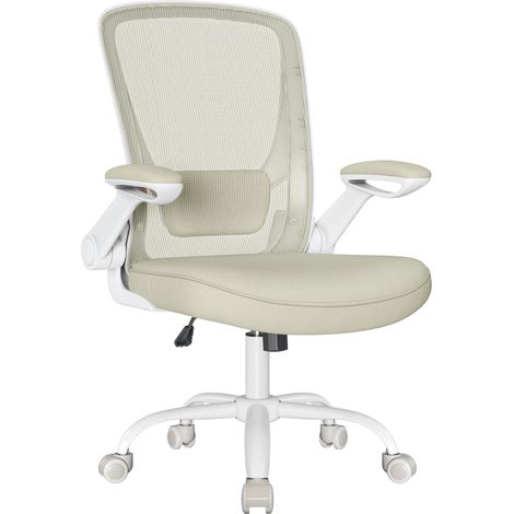 Chaise Bureau Ergonomique, Tissu en Maille, Support Lombaire, Mécanisme à Bascule, Assise Large de 53 cm, Accoudoirs Rabattables, pour Bureau, Chambre, Beige Avoine OBN037K02 (1/5)