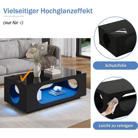 Table basse 100x50x35cm noire MDF,LED connectée,finition bois brillante,capacité 30kg pour salon.