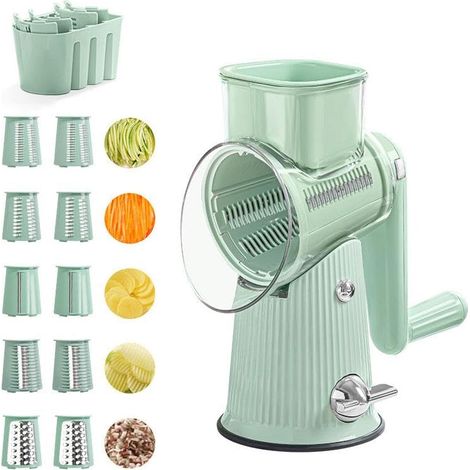 Grattugia per formaggio, grattugia per verdure, mandolina da cucina, tagliaverdure multifunzionale con 10 lame a tamburo: grossa, media, fine, ondulata, bordo abrasivo