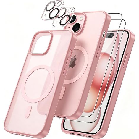 Coque Magnétique pour iPhone 15 avec 2 Pièces Verre Trempé Protection Écran + 2 Protections pour caméras, Anti-Rayures, Anti-Dérapante, Etui de Rose Clair TPU Protection iPhone 15 (1/5)