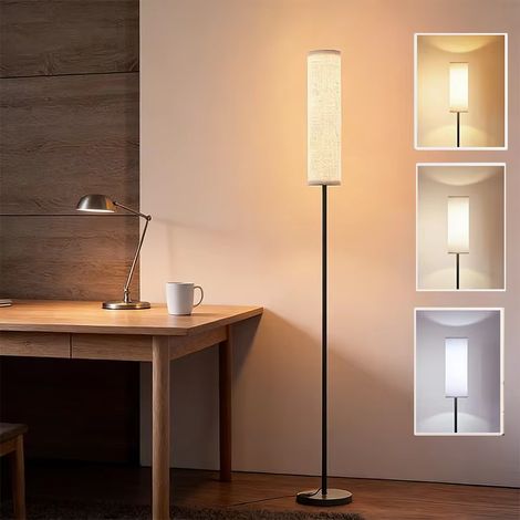 Lampadaire design simple 160 cm – abat-jour tissu – pied en métal noir – contrôle au pied – lumière 3 températures – usage intérieur