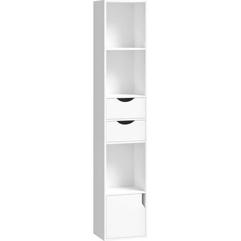 Bibliothèque avec portes et 2 tiroirs, étagères ouvertes et tablette ajustable, 30x24x158 cm, blanc (1/5)