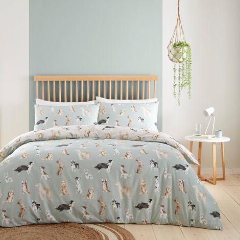 Housse de couette King Size (230 x 220 cm) avec chiens - Design réversible (Bleu canard et Beige) - 2 taies d'oreiller - Imprimé patte de chien (1/4)