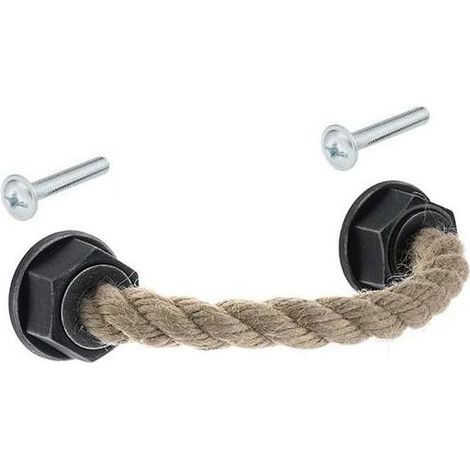 Tirador de madera de cuerda antigua – Distancia entre centros: 128 mm – Altura: 50 mm – Acabado negro con remates – Tornillos de fijación incluidos (1/4)