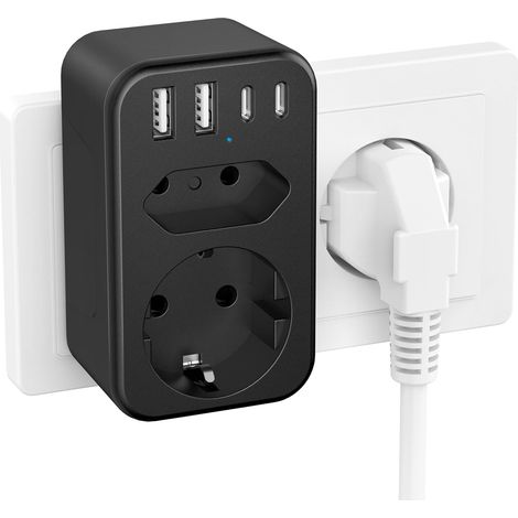 Multiprise Murale avec 2 Ports USB-A et 2 Ports USB-C, Compact Prise Multiple 2 Prises (3680W,16A) Compatible with iPhone, iPad et tablettes (Noir) (1/5)