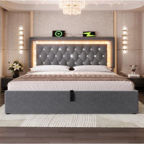 MEUBLIV Lit coffre capitonné 160 x 200 cm en velours gris avec bande LED intégrée dans la tête de lit, ports USB et USB C, rangement hydraulique et structure en métal (1/5)