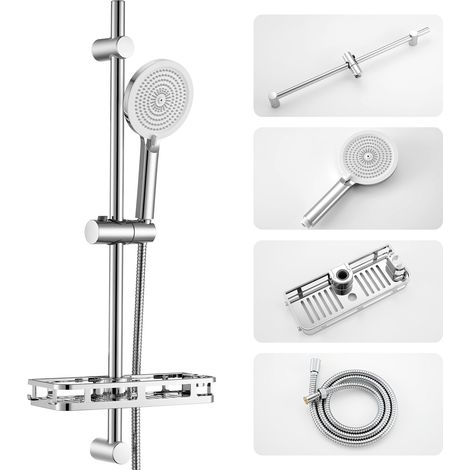 Auralum Max Asta Doccia in Acciaio Inox da 700 mm con Soffione a 4 Getti e Mensola Senza Foratura, Cursore Girevole a 360° e Flessibile Doccia Anti-torsione da 1,5 m, Set Doccia Completo (1/5)