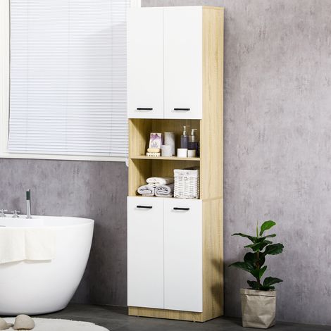 Badezimmerschrank, Holzschrank mit 2 Türen und 2 offenen Regalfächern, Kippsicherung, 53 x 33,5 x 195,7 cm, Weiß und Holz