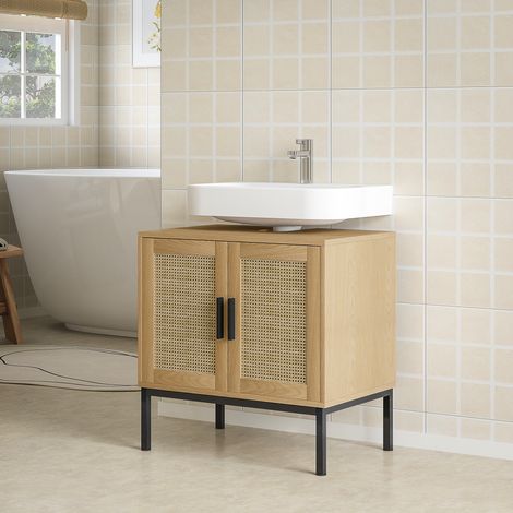 Meuble vasque de salle de bain de style bohème, armoire de salle de bain, éléments en rotin, découpe en forme de U, chêne (1/5)