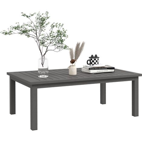 Table basse aluminium 100x60x37 cm marron, plateau lattes rectangulaire pour salon et terrasse