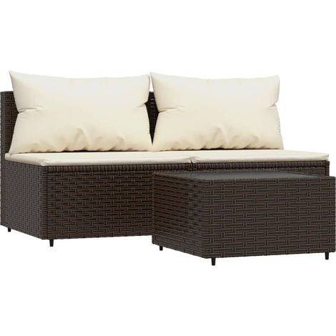 Salon de jardin 3 pcs avec coussins marron résine tressée (1/5)