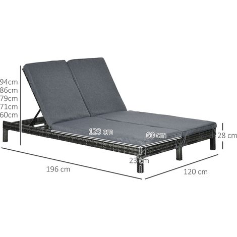 Transat en polyrotin, chaise longue de jardin pour 2 personnes, dossier inclinable 5 positions, structure en métal et rotin PE, 196 x 120 x 28 cm, pour jardin et terrasse. (1/5)
