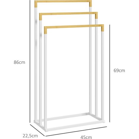 Ensemble porte-serviettes avec 3 barres, design industriel, bambou, 45 x 22,5 x 86 cm, blanc et naturel (1/5)