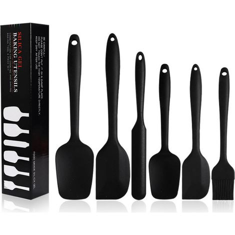 QAZQA Spatules en Silicone, noir 6 Spatule en Silicone Anti-Adhésif en Caoutchouc avec Noyau en Acier Inoxydable Spatule Résistante à la Chaleur pour Cuisson, Cuisson Et Mélange