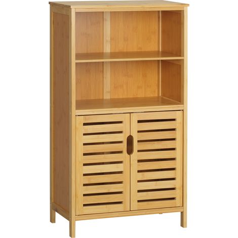 Armoire de salle de bain en bambou avec portes à lamelles, meuble bas sécurisé, style campagne, 50 x 29 x 92 cm (1/5)