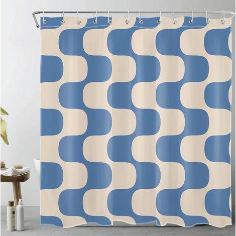 Moderne Rideaux de Douche 180x200cm Bleu rayé sur Beige Vintage Rideaux de Bain avec Crochets,Art Abstrait Extra Longue Imperméable Polyester Anti Moule Salle de Bain Décor (1/5)