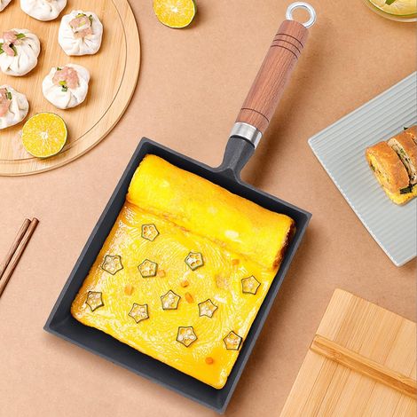 Quadratischer Eisenbrottopf mit Holzgriff für mehrere Zwecke, kann für Eier, Würste, Meeresfrüchte verwendet werden, 18,5 15,5 3cm (1/5)