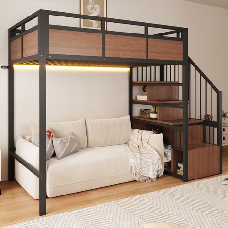 Letto a soppalco in metallo 245.2x95.5x170 cm, sponda di sicurezza, scala contenitore, LED, nero (1/5)