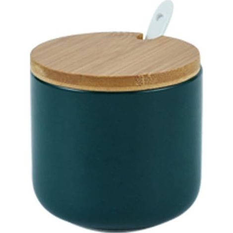 1 - Pot à épices - Sucrier en céramique - Rangement condiments avec cuillère et couvercle bambou - Pour cuisine et salle à manger - Blanc - 8x8cm
