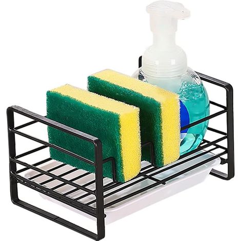 Porte-éponge de Cuisine Acier, égouttoir avec Bac de Vidange, Accessoires d'évier de Salle de Bain,Noir (1/5)