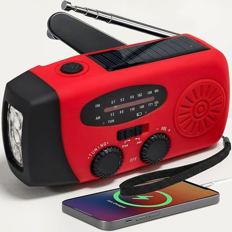 Radio portable d'urgence, radio batterie rechargeable et lampe de poche LED, alarme SOS, Power Bank 2000mAh, charge par USB/Solar/Dynamo, radio AM/FM pour randonnée, kit de camping et de survie, rouge (1/5)