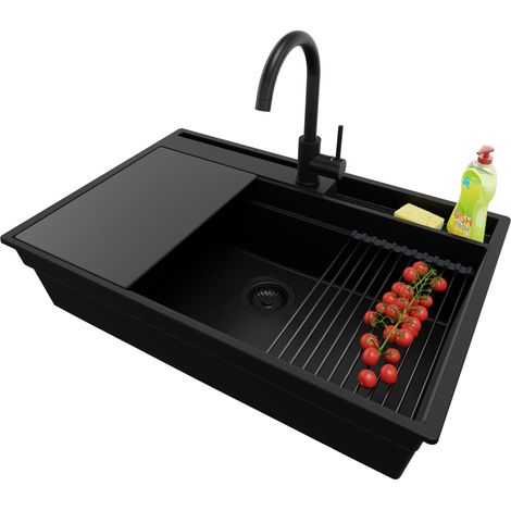 PRIMAGRAN Evier Cuisine en Granit 78x53cm, Lavabo 1 bac + Kit de Vidage + Accessoire, Évier à Encastrer au meuble 80cm - Oslo Pocket, Tout Noir (1/5)
