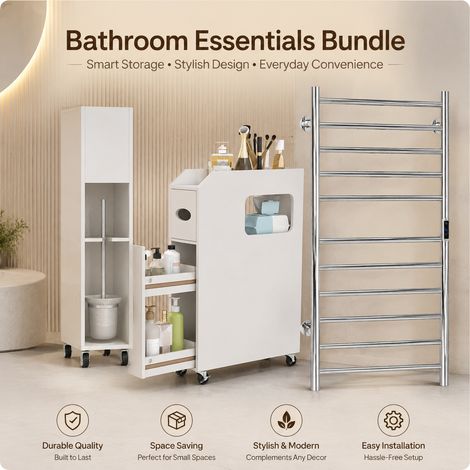Spa-Badezimmer-Auffrischungsset (3-teilig) – Schlanker Rollschrank, Handtuchwärmer mit 10 Stangen und LED-Spiegel (1/5)