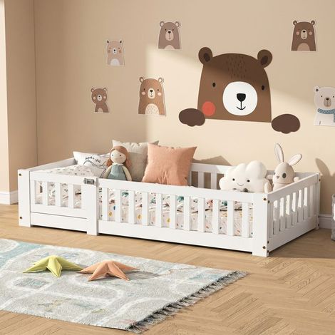 Bett Kind 90 x 190, Bodenbett, mit Lattenrost, Massivholz, Zaun-Design, weiß