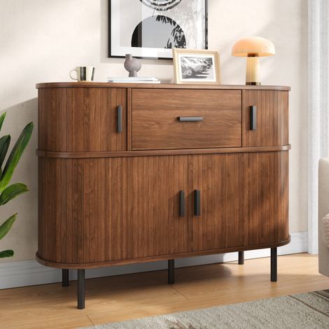 Modernluxe - Buffet moderne double niveau 110x35x81,5 cm - Commode avec 4 portes coulissantes, 1 tiroir et étagères ouvertes - Marron (1/5)