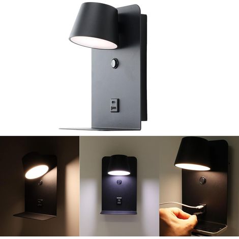 Applique LED orientable 6W Noir avec tonalité de couleur réglable (3000K/4000K/6000K), interrupteur, port de charge USB Type C et A, support en aluminium de 14 cm pour têtes de lit et tables (1/5)