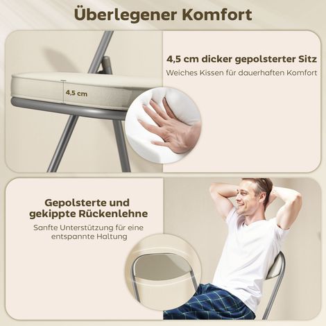 Lot de 4 chaises pliantes rembourrées avec housse en velours côtelé, dossier, cadre métallique, blanc crème (1/5)