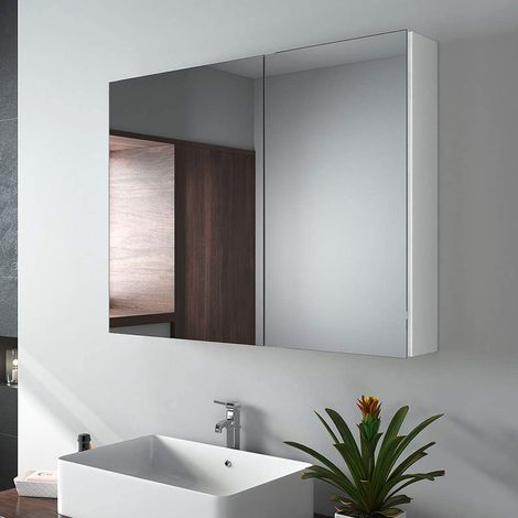 EMKE Specchio da bagno, 85 x 65 x 14,5 cm, specchio da bagno con ripiani regolabili, con maniglia invisibile e interruttore soft, doppie ante, doppio specchio, bianco opaco